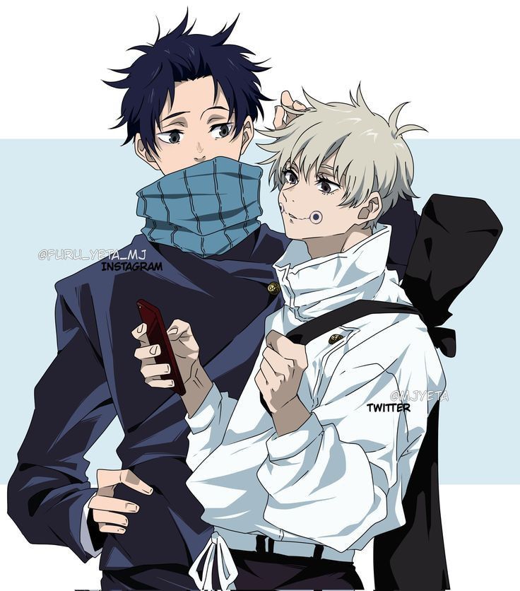 two anime characters one is holding a cell phone and the other is wearing a scarf