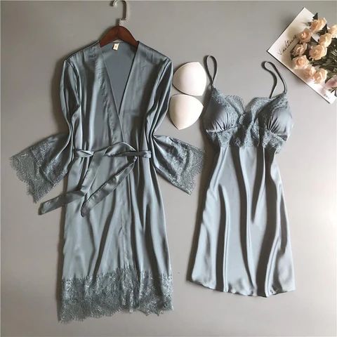 White V-neck Lace Lady Nightgown Robe Set Lace Sleepwear, Women Robe, Nightgown Robe, Night Gowns, Satin Sleepwear, Wedding Robe, Silk Pajama Set, Summer Lace, Satin Pyjama Set