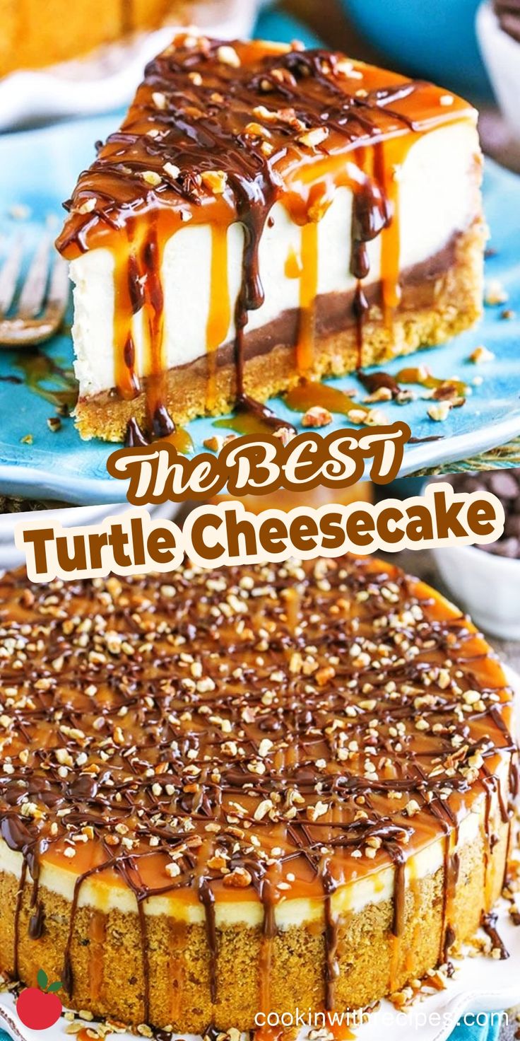 a turtle cheesecake with chocolate drizzle and caramel toppings on top