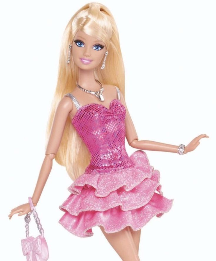 the barbie doll is wearing a pink dress and holding a handbag in her right hand