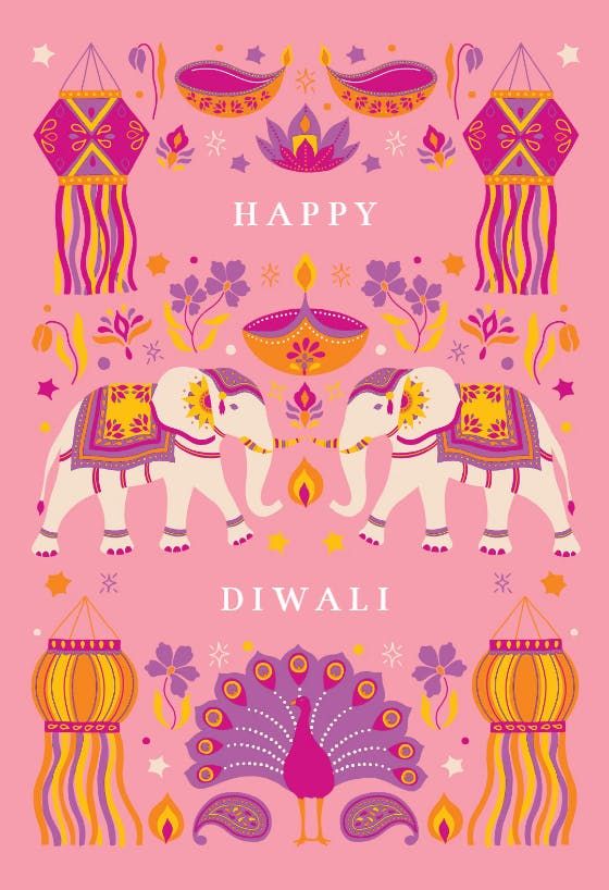 happy diwali card with two elephants in pink and purple colors, surrounded by decorative elements