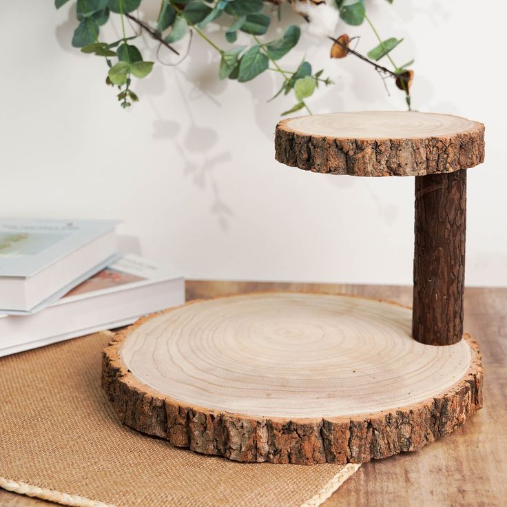 a wooden table with a tree slice on it