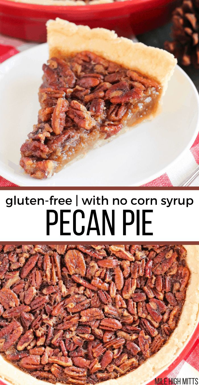 pecan pie with no corn syrup on top is shown in two different pictures and the bottom one has a slice missing