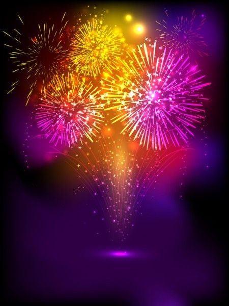 colorful fireworks are lit up in the night sky with purple and yellow lights on them