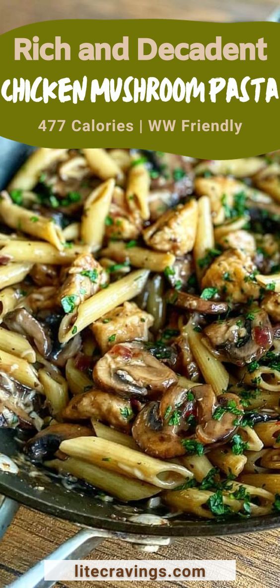 pasta with mushrooms and parsley in a skillet on a wooden table, text reads rich and decadent chicken mushroom pasta