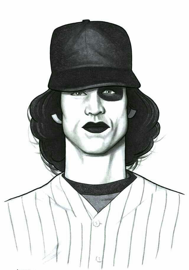 a black and white drawing of a man wearing a baseball hat with his mouth open