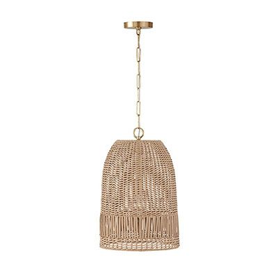 a rattan light hanging from the ceiling