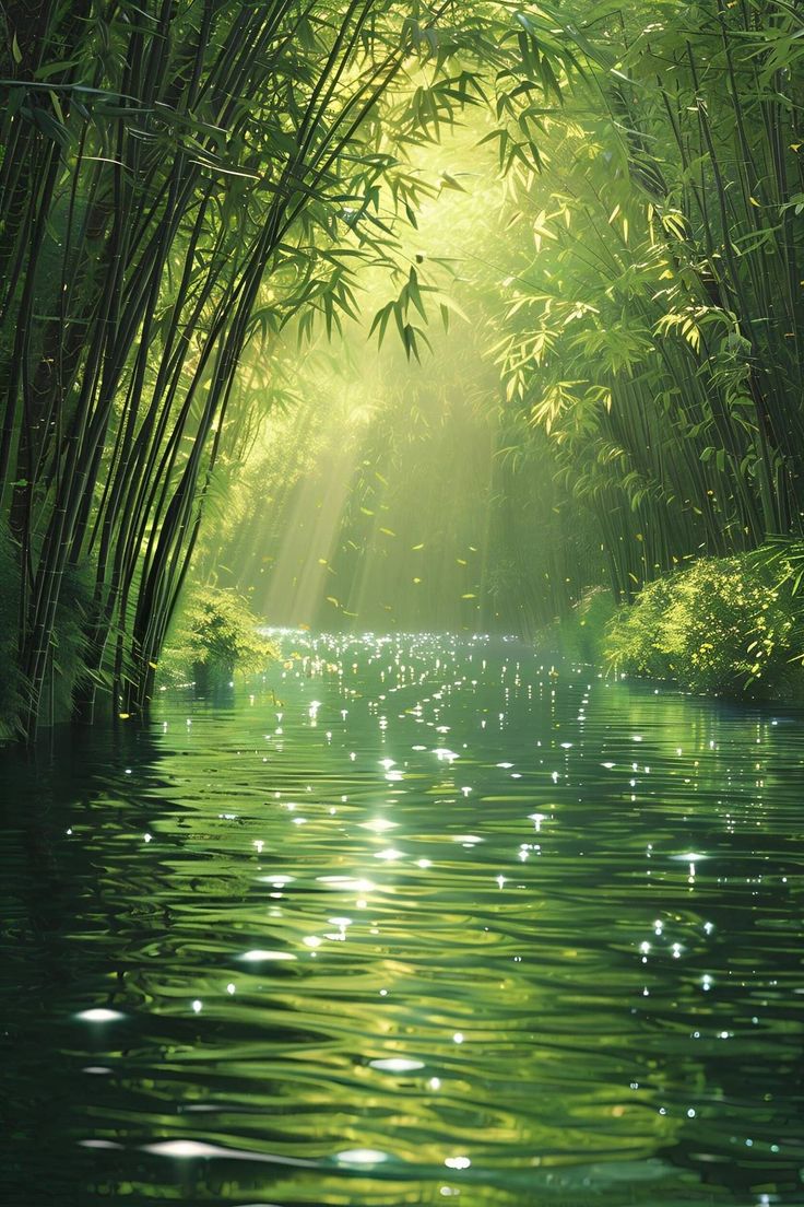 the sun shines through the bamboo trees over the water