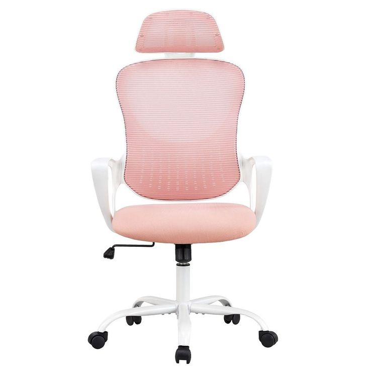 a pink office chair with wheels and arms on a white base, viewed from the front