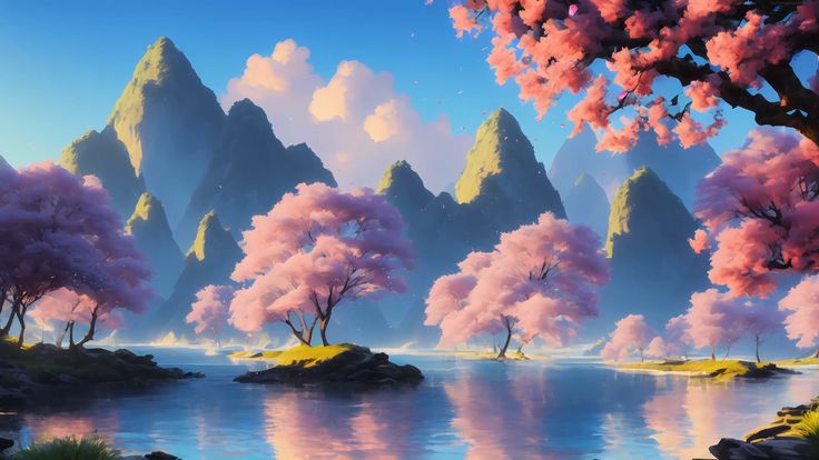 a painting of pink trees by the water