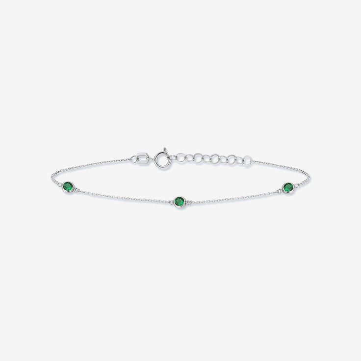 Multi Bezel Emerald Station Bracelet - Gelin Diamond Classic Sterling Silver Birthstone Bracelets, Emerald White Gold Bracelet, Emerald Bracelets For May Birthstone, Silver Emerald Bracelet Fine Jewelry, Silver Emerald Bracelets In Fine Jewelry Style, Green Emerald Bracelet For May Birthstone, Minimalist Adjustable Emerald Jewelry, Minimalist Green Bracelet, Adjustable White Gold Bracelets With Birthstone