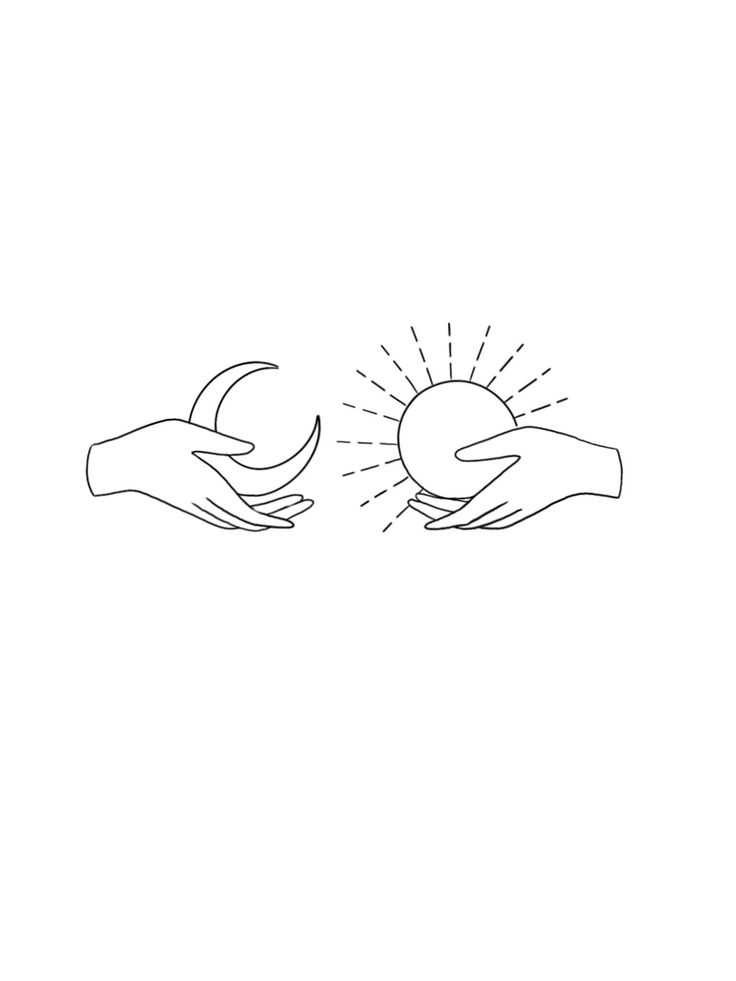 two hands reaching for each other with the sun in the middle and moon above them