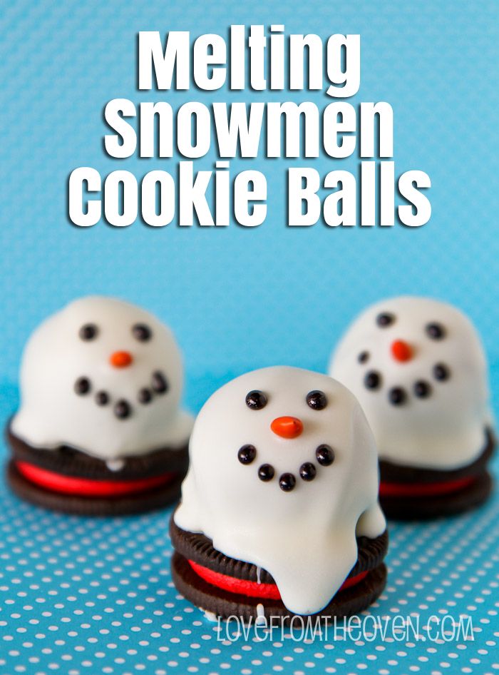 melting snowmen cookie balls on a blue background