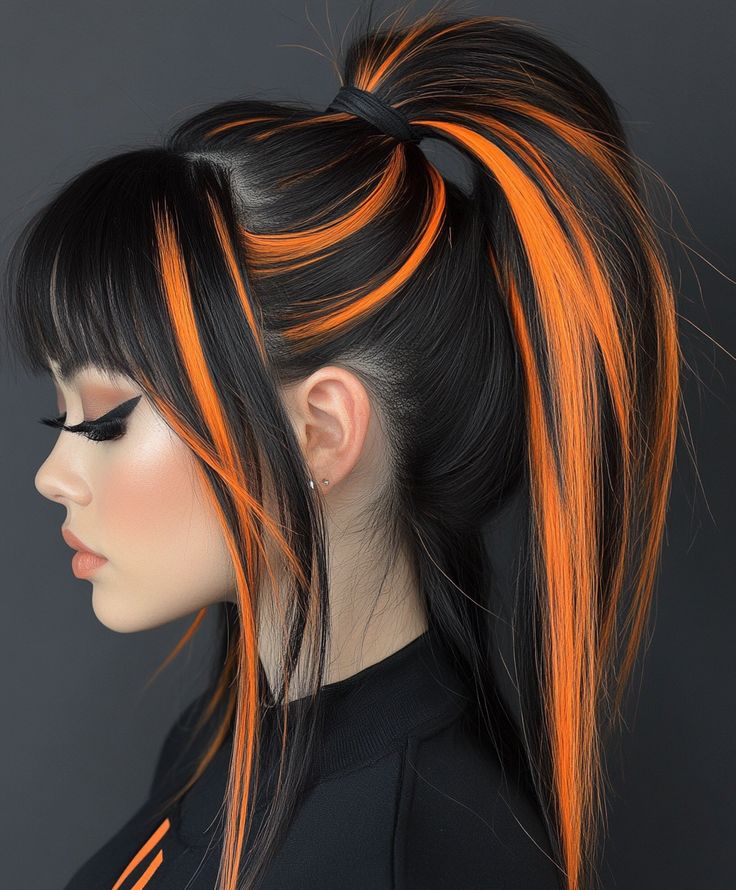 Hair Roulette: Spin for Fall Hair  🎡 Ombré Colored Hair, Dyed Hair Inspiration Unique, Black And Orange Highlights, Colored Fringe Hair, Black Hair With Highlights Color, Creative Color Placement Hair, Cute Split Dyed Hair, Alt Hair Colors Ideas, Vibrant Color Hair