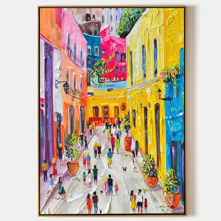 a painting of people walking down the street in front of buildings and potted plants