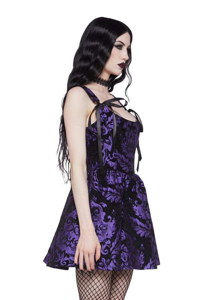 cuz you're not ashamed. This mini dress has a brocade construction, satin tie shoulders, structured boning, and a back lace-up design. Violet Dress Purple, Purple Goth, Striped Linen Dress, Palm Dress, Pastel Goth Fashion, Corset Mini Dress, Purple Mini Dresses, Round Neck Dresses, Star Dress