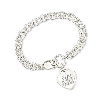 Ross-Simons - Monogram - Sterling Silver Heart Charm Bracelet. 7". Make this classic look all your own! Crafted in sterling silver, this chunky link bracelet drops a heart charm that can be engraved with a monogram for FREE in your choice of block or script type. A go-to personal favorite or a thoughtful gift - this is a bracelet that will be treasured. Lobster clasp, sterling silver personalized heart charm bracelet. Silver Engraved Bracelet, Initial Necklace Silver, Initial Charm Bracelet, Silver Bracelets For Women, Script Type, Engraved Bracelet, Fine Jewelry Bracelets, Traditional Jewelry, Silver Cuff Bracelet