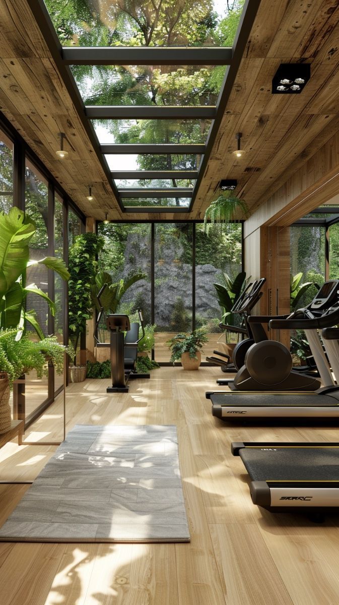 there are many exercise machines in the room with wood flooring and glass walls on the ceiling