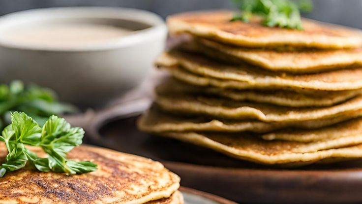 a stack of pancakes on a plate next to a bowl of yogurt and garnished with parsley