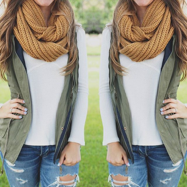 We're here to make fall layering easy for you!! 🙌 Country Cottage Scarf… Emma Kate, Autumn Woman, Military Vest, Hiking Trips, Fall Layering, Fall Attire, Woman Outfit, Olive Dress, Scarf Outfit