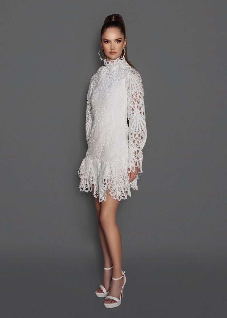 white long sleeve ruffled lace mini dress Feminine Ruffled Lace Cocktail Dress, White Lace Dress With Lace Cuffs For Party, White Ruffled Lace Evening Dress, White Fitted Lace Dress With Ruffle Hem, Mini Lace Crochet Dress With Ruffles, White Lace Evening Dress With Ruffles, Mini Lace Dress With Lace Cuffs For Party, White Ruffled Lace Dress For Party, White Ruffled Lace Party Dress