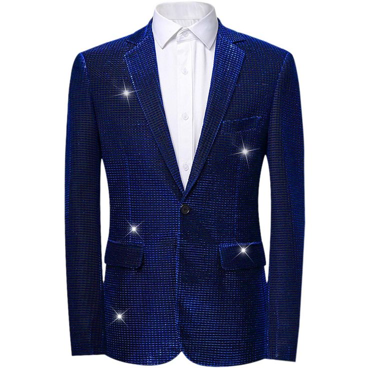 Shiny blazers are perfect for formal celebrations such as weddings, galas, fashion events or dinner events, adding an element of luxury to your outfit. Pair the blazers with dress pants and a button-down shirt for an elegant yet fashion look. Also a good gift for your father, friends, and husband. Blue Long Sleeve Party Suit, Blue Winter Tuxedo For Formal Occasions, Elegant Blue Party Suit, Winter Party Blue Blazer, Royal Blue Notch Lapel Suits For Party, Tailored Blazer For Wedding And Holiday, Formal Suits For Party Season, Formal Long Sleeve Suit For Party Season, Blue Party Suits With Suit Collar