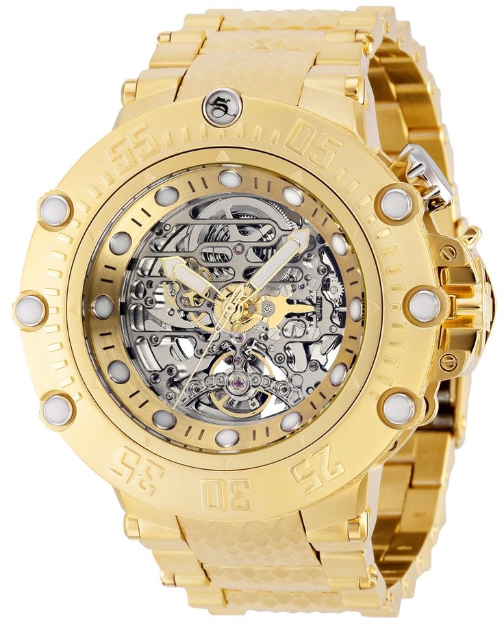 From the Subaqua Collection by Invicta, this Gold Men's Watch is powered by high-quality 7500 movement. This Invicta Watch has a 52 millimeter Gold case, that is protected by Flame Fusion crystal. It is water-resistant up to 200 meters. Invicta Model  comes with a three-year warranty from InvictaStores.com. Gold Automatic Watches, Gold Watch With Skeleton Dial, Gold Watch Accessories With Skeleton Dial, Gold Skeleton Dial Watch Accessories, Gold Skeleton Dial Watch, Gold Automatic Round Watch, Gold Chronograph Watch With Metal Dial As Gift, Gold Chronograph Watch With Metal Dial For Gift, Gold Round Watch With Skeleton Dial