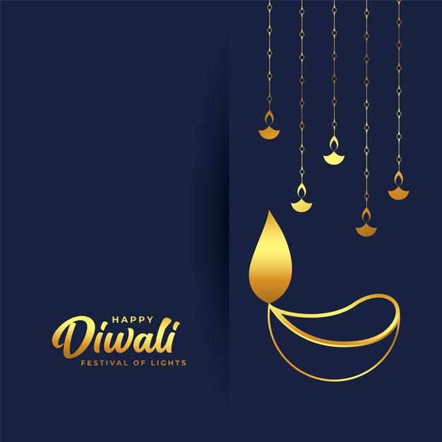 happy diwali festival with hanging candles and golden chains on dark blue background illustration