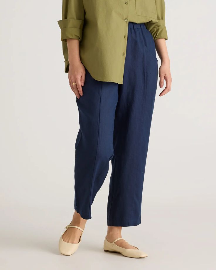 100% European Linen Tapered Ankle Pants Linen Tapered Leg Pants With Pull-on Style, Spring Linen Pants With Pull-on Style, Spring Linen Pull-on Pants, Relaxed Fit Pants With Pockets, Effortless Relaxed Fit Pants With Pockets, Versatile Linen Bottoms, Versatile Linen Bottoms For Workwear, Flax Pants With Elastic Waistband For Work, Casual Flax-colored Bottoms For Work