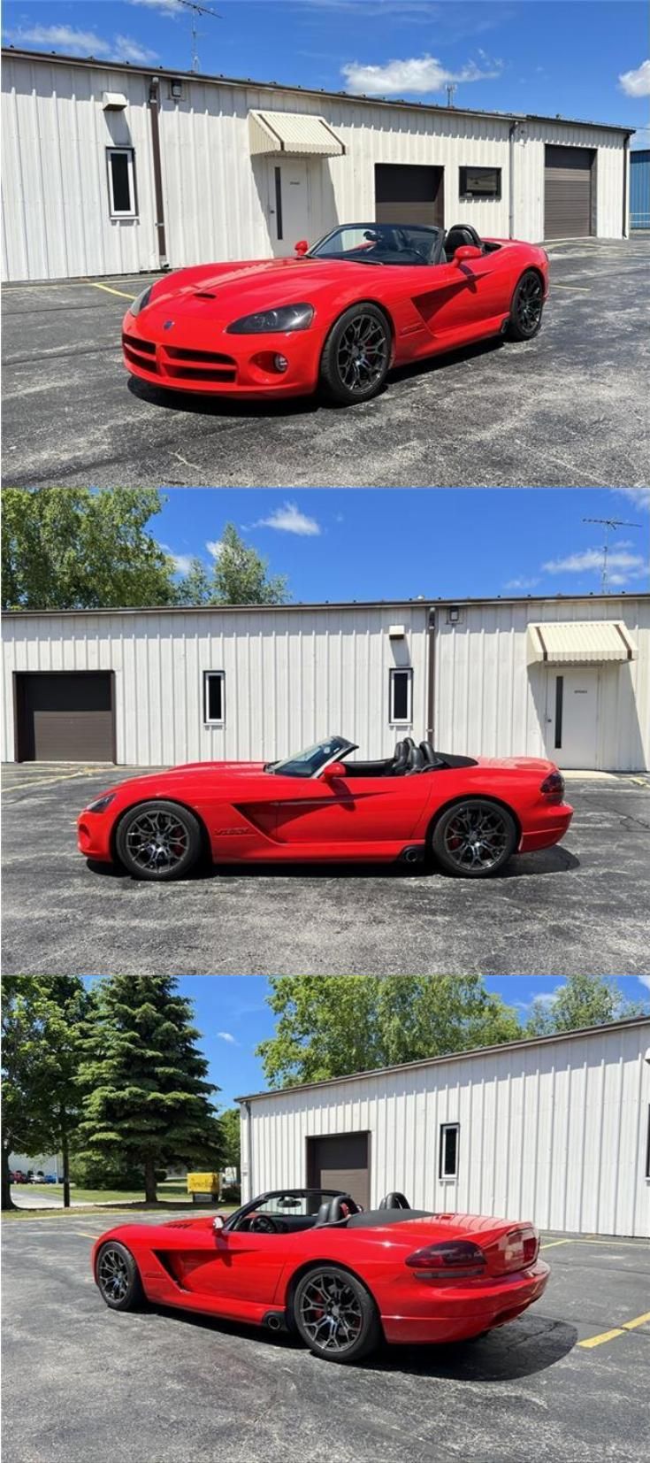 three different views of a red sports car