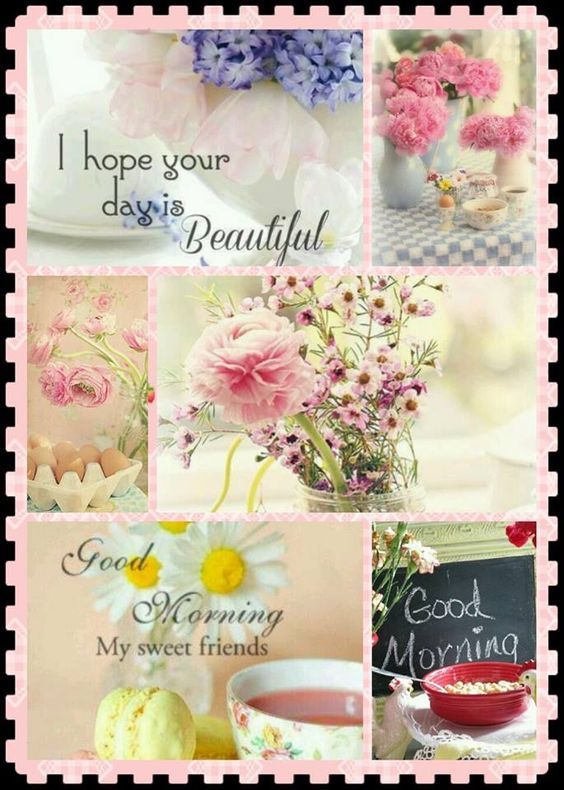 a collage of pink and purple flowers in vases, teacups, coffee cup, good morning card