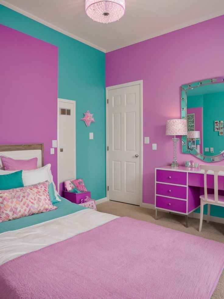 a bedroom decorated in pink, blue and purple with a white dresser and mirror on the wall