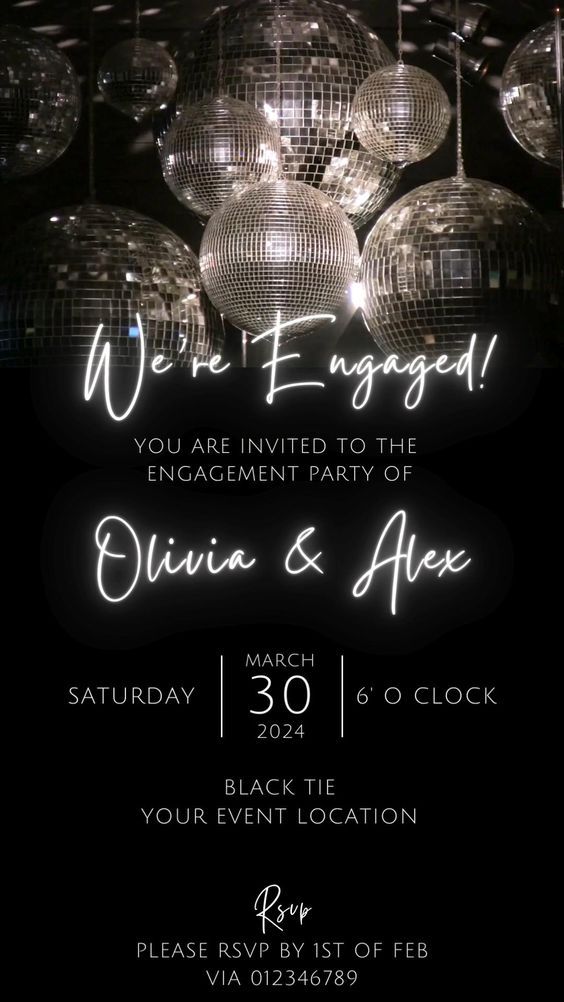 a party flyer with disco balls hanging from the ceiling and neon lights in the background