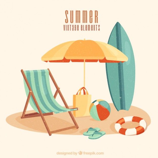 a beach scene with an umbrella, chair and surfboard