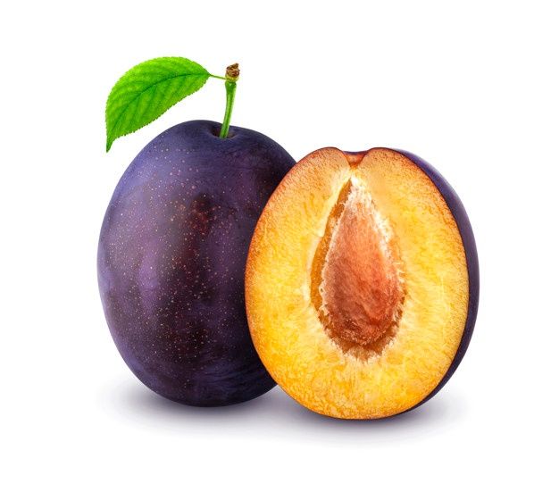 two plums with one cut in half and the other half open, on a white background