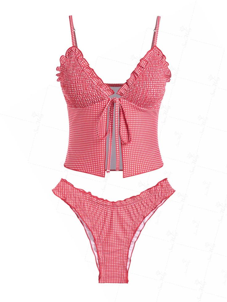 Seamolly Red Gingham Ruffles Tie Front Tankini Set Gingham Workout Set, Summer Fits Vacation, Cute Bathing Suits Bikinis, Plus Size Swimwear Big Belly, Gingham Swimwear, Bright Swimsuit, Gingham Swimsuit, Swimwear Fabric, Tankini With Shorts