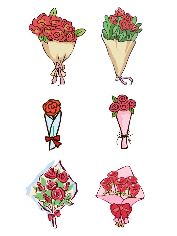 four different types of flowers are shown in this drawing style, each with red and pink roses