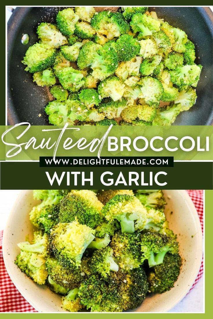 broccoli with garlic in a skillet on a red and white checkered tablecloth