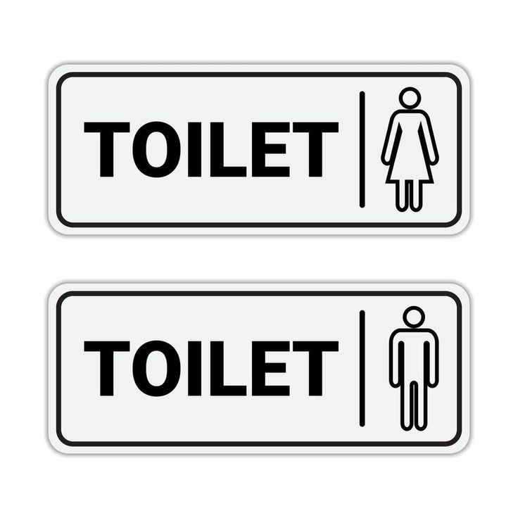 two white signs with black lettering that say toilet and man in the middle one says women