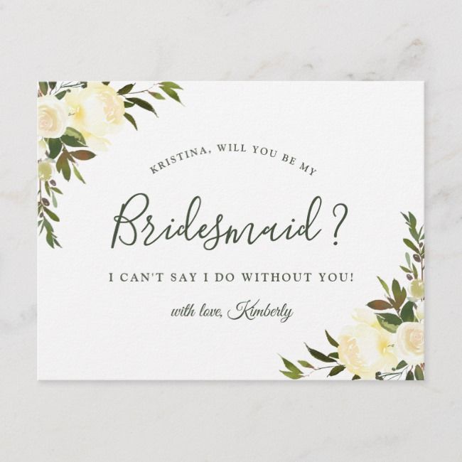 a card with the words bridesmaid written on it and flowers in front of it