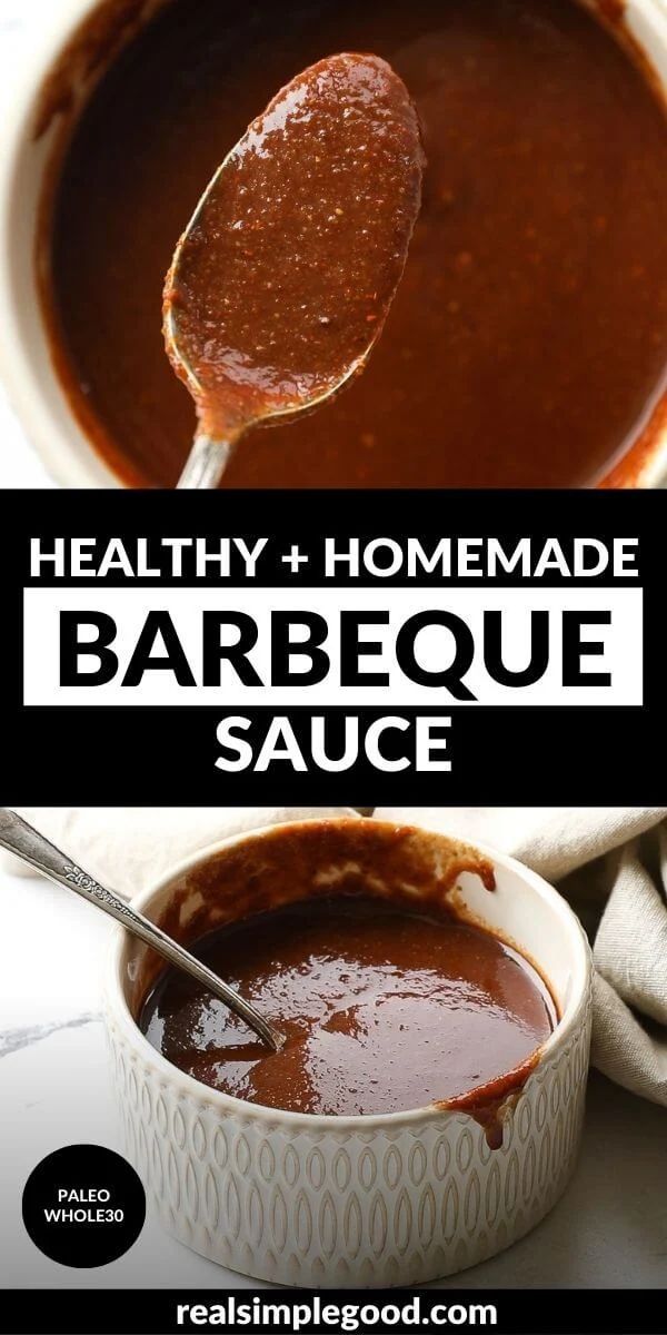 healthy homemade barbecue sauce in a white bowl with a spoon on the side and text overlay that reads, healthy homemade barbecue sauce