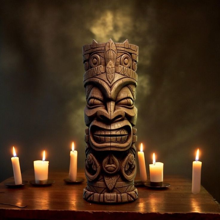 a tiki candle holder with five lit candles in front of it on a table