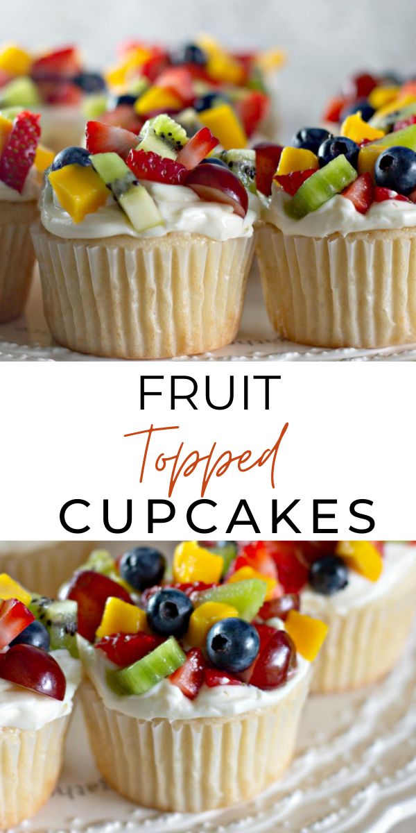 fruit topped cupcakes on a white plate with the title overlay above it