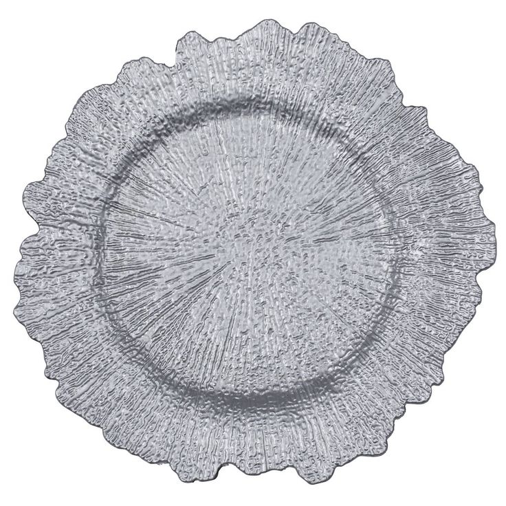 a clear glass plate with scalloped designs on the rim and bottom, set against a white background