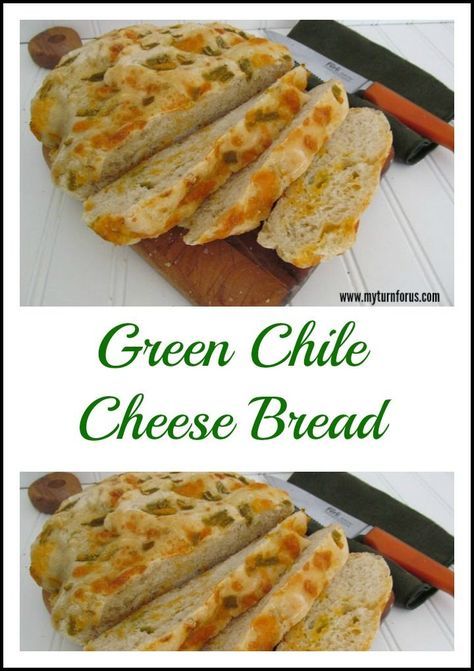 green chile cheese bread is cut in half and stacked on top of each other with the words, green chile cheese bread