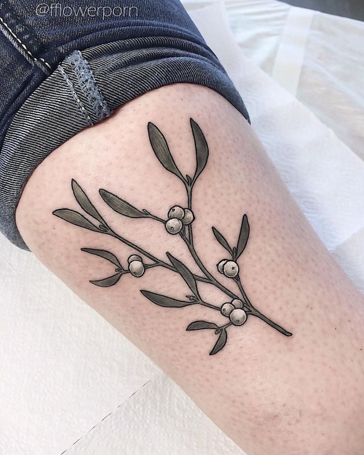 an olive branch tattoo on the right thigh and lower leg, with berries growing from it