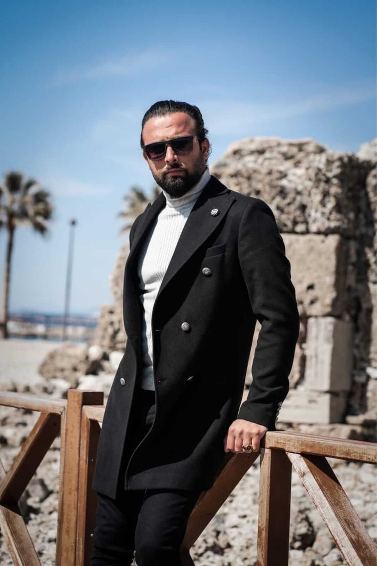 Dapper Elegance. Long Black Wool Coat, Black Overcoat, Long Blazer Jacket, Gentlemen Wear, Slim Fit Coat, Wool Coats, Black Wool Coat, Code Black, Wool Overcoat