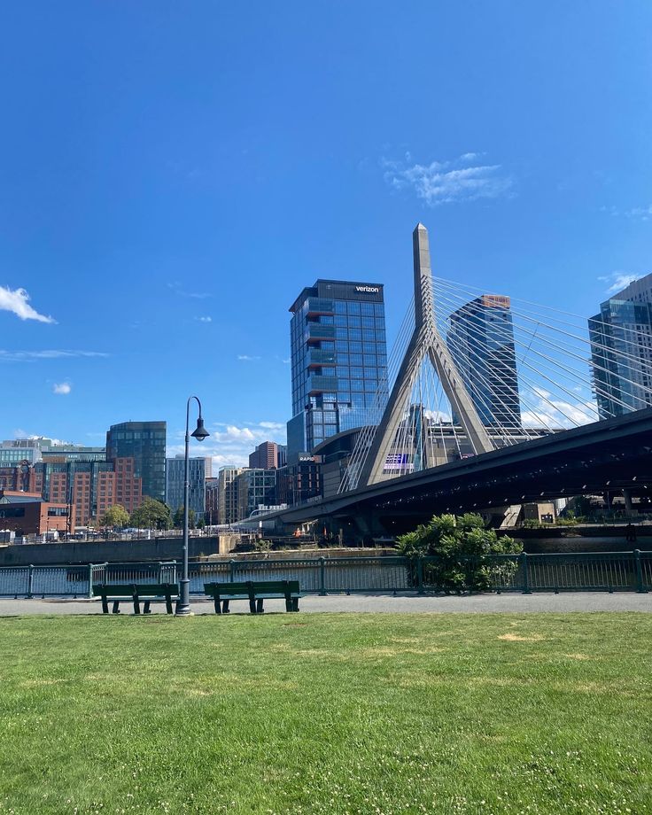 two benches are in the foreground with a cityscape in the background on a sunny day