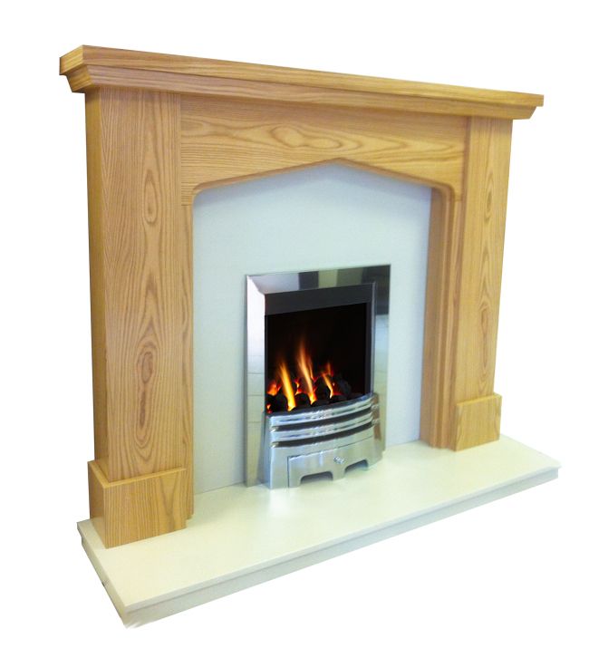 a wooden fireplace with a fire burning in it's side and the mantle is white