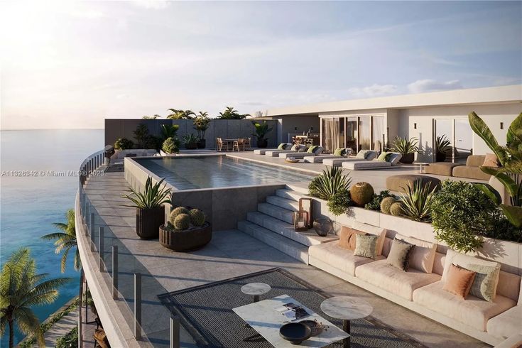 an artist's rendering of a pool on the roof of a building overlooking the ocean